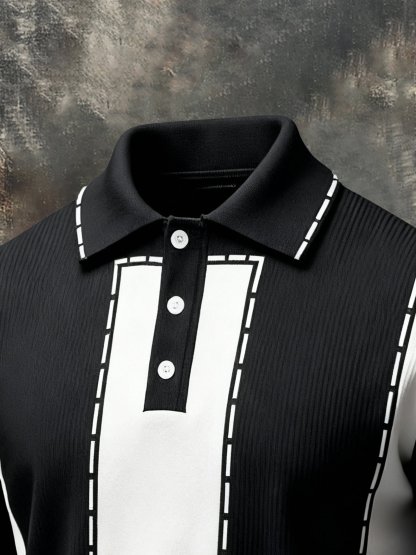 Men's Vintage-Style Color-Block Polo Collar Sweatshirt