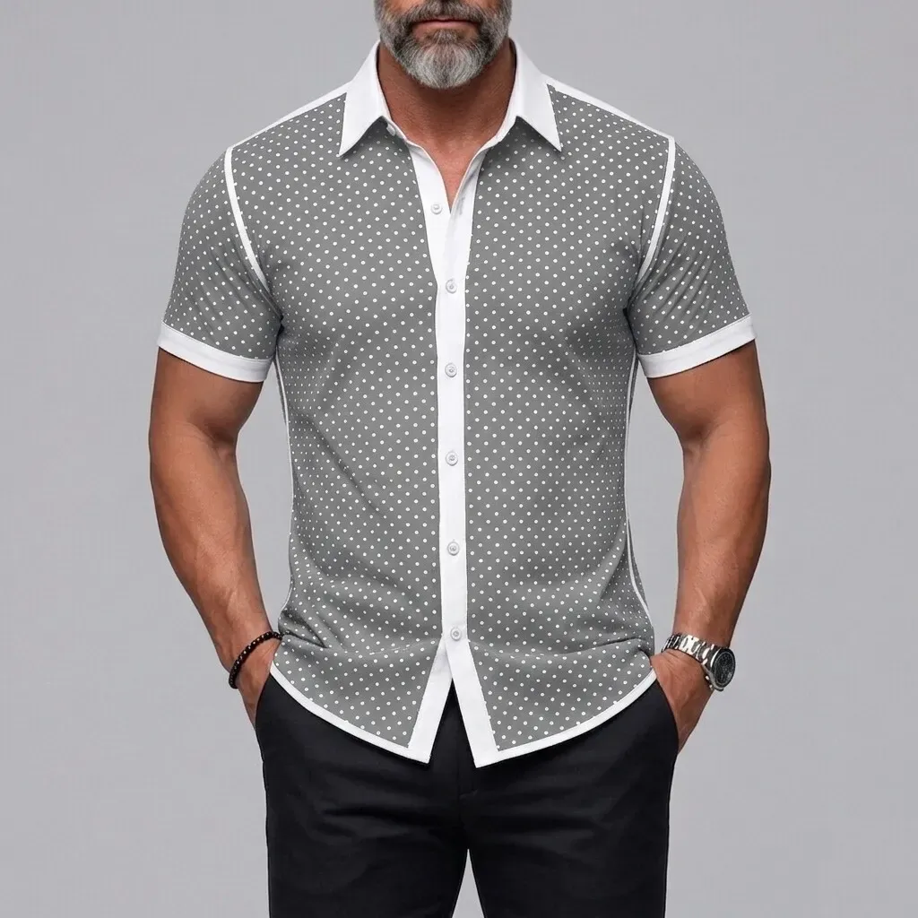 Men's Vintage Polka Dot Print Button-Up Slim Short Sleeve Shirt