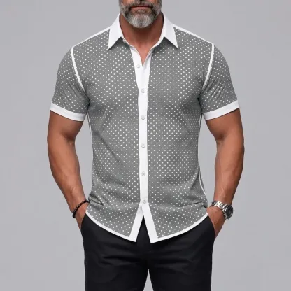 Men's Vintage Polka Dot Print Button-Up Slim Short Sleeve Shirt