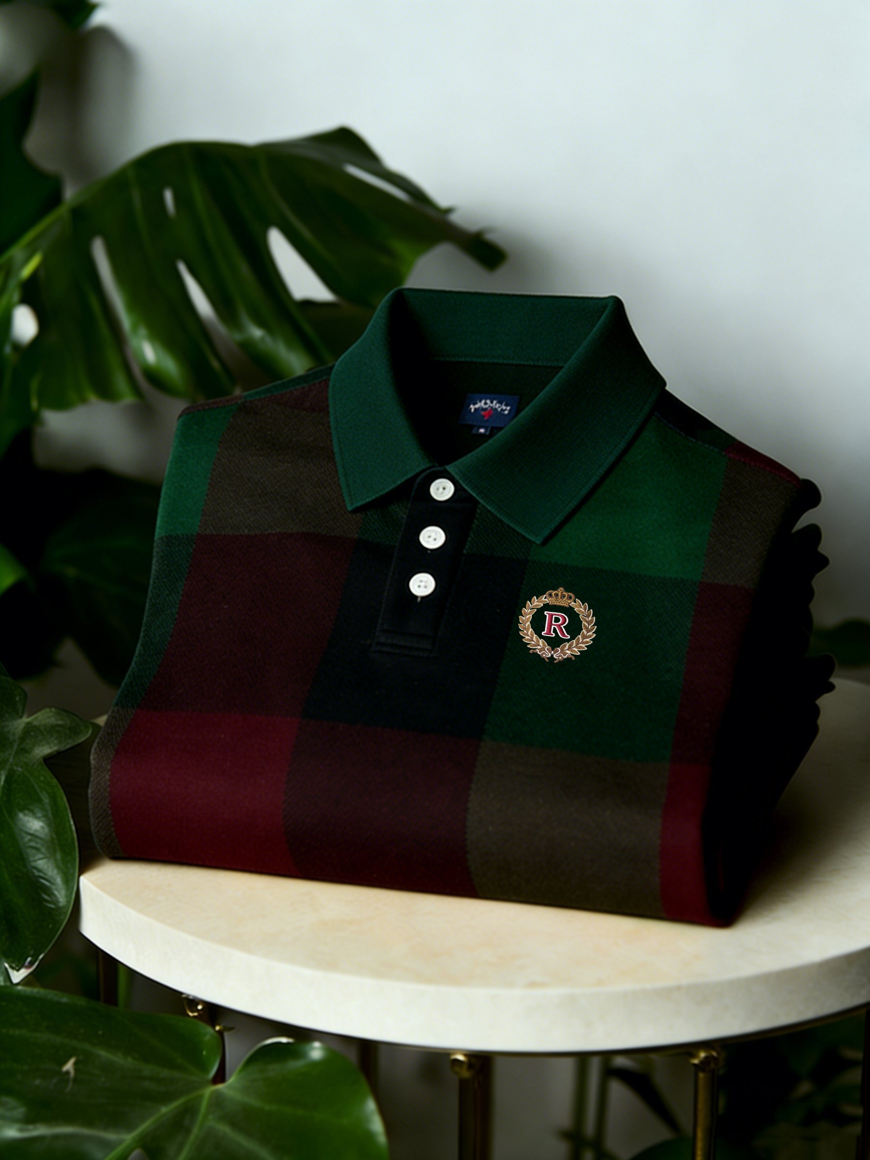 Men's Business Casual Button Short Sleeve Plaid Print Polo Shirt