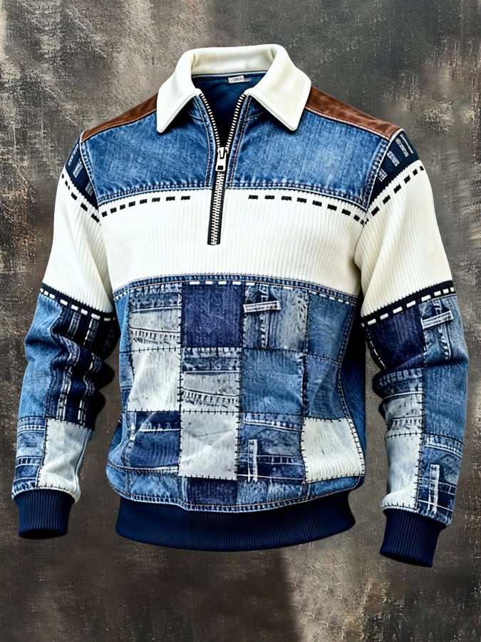 Men's Retro Color Block Print Color-Blocked Zip-Up Sweatshirt