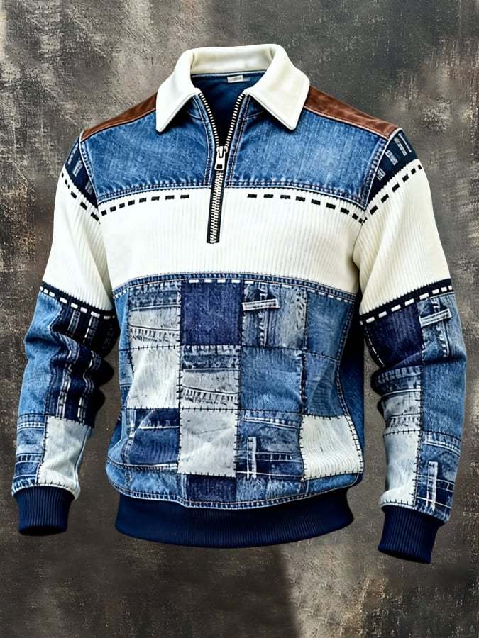 Men's Retro Color Block Print Color-Blocked Zip-Up Sweatshirt