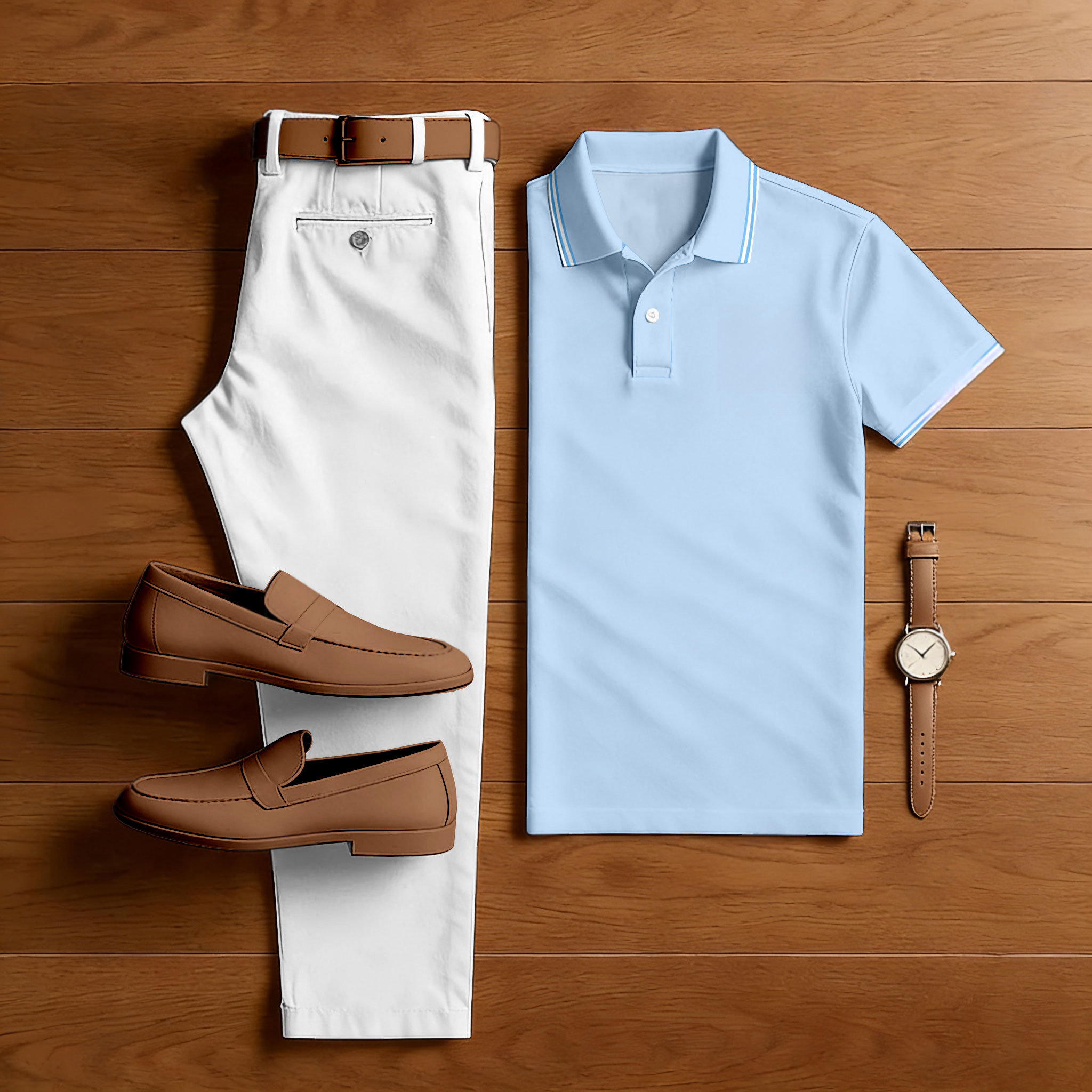 Men's Casual Blue & White Color Matching Short Sleeved Polo Shirt & Trousers Two-Piece Set