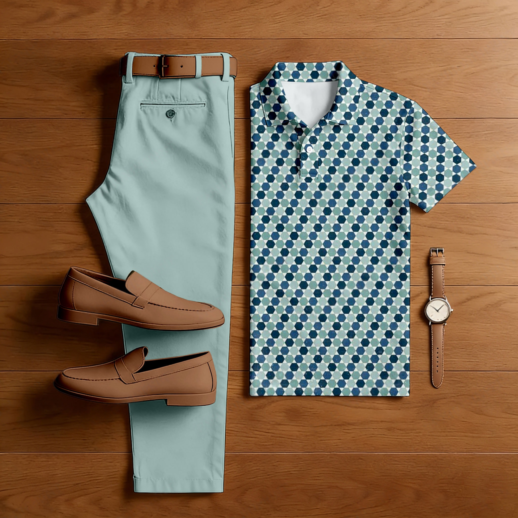 Men's Casual Green Color Matching Geometric Printed Short Sleeved Polo Shirt & Trousers Two-Piece Set