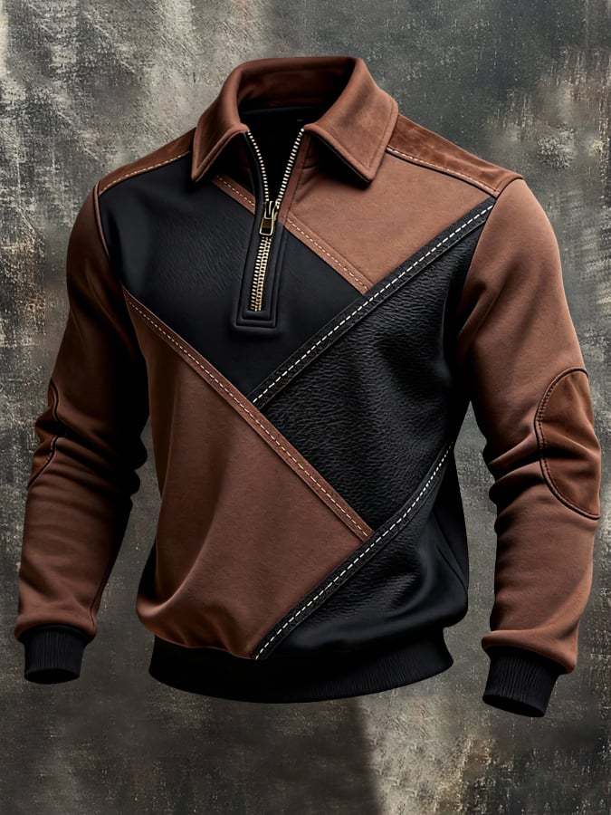 Men's Retro Color Block Print Color-Blocked Zip-Up Sweatshirt