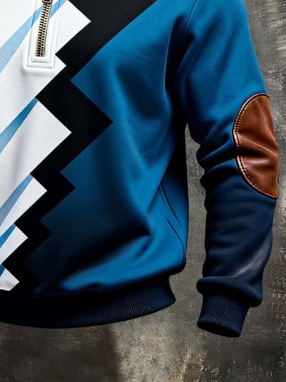 Men's Retro Color Block Print Color-Blocked Zip-Up Sweatshirt