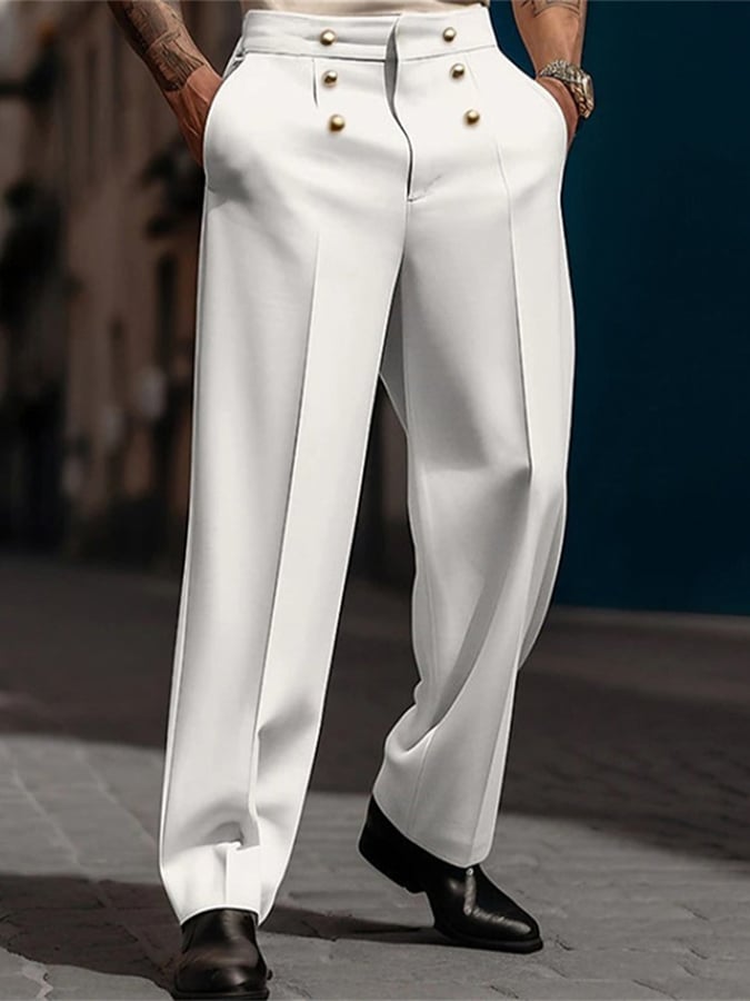 Men's Casual Solid Color Buttoned Mid-Rise Straight Trousers