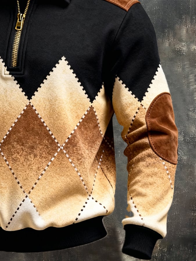 Men's Retro Color Block Print Zipper Sweatshirt