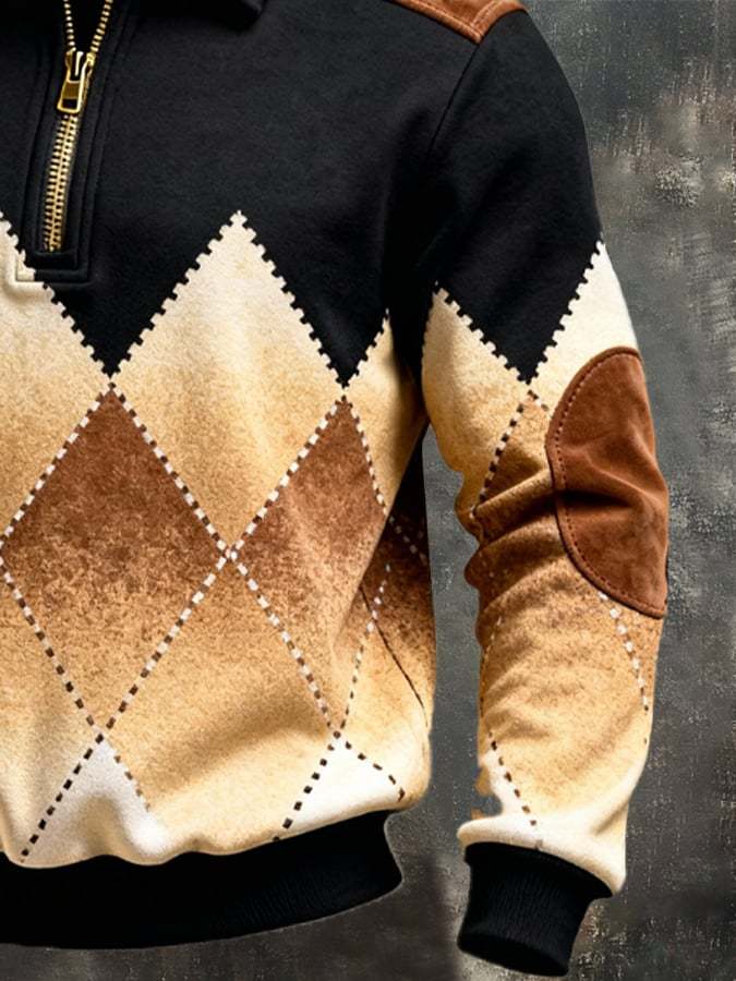 Men's Retro Color Block Print Zipper Sweatshirt