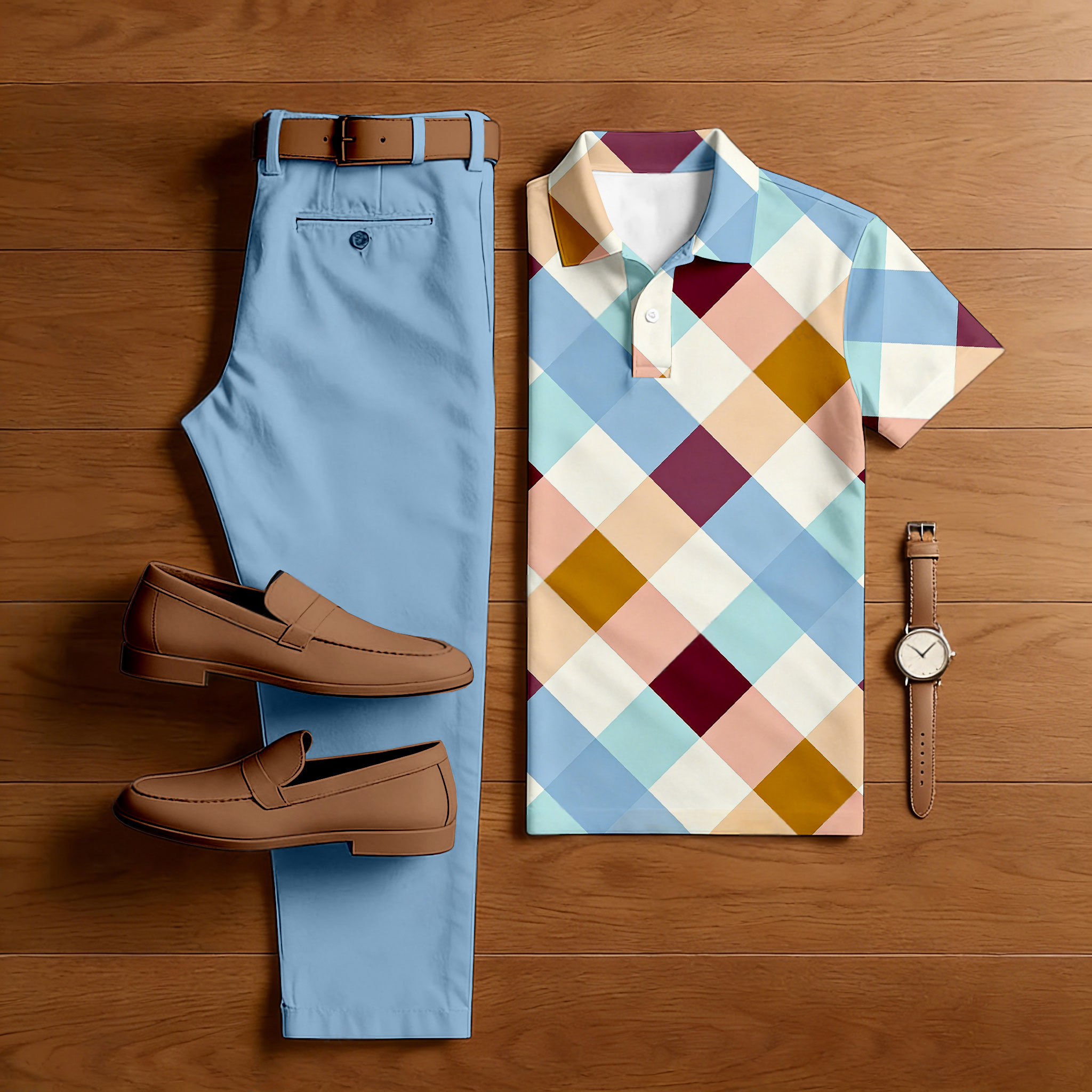 Men's Casual Blue & Multi Color Matching Checkered Printed Short Sleeved Polo Shirt & Trousers Two-Piece Set