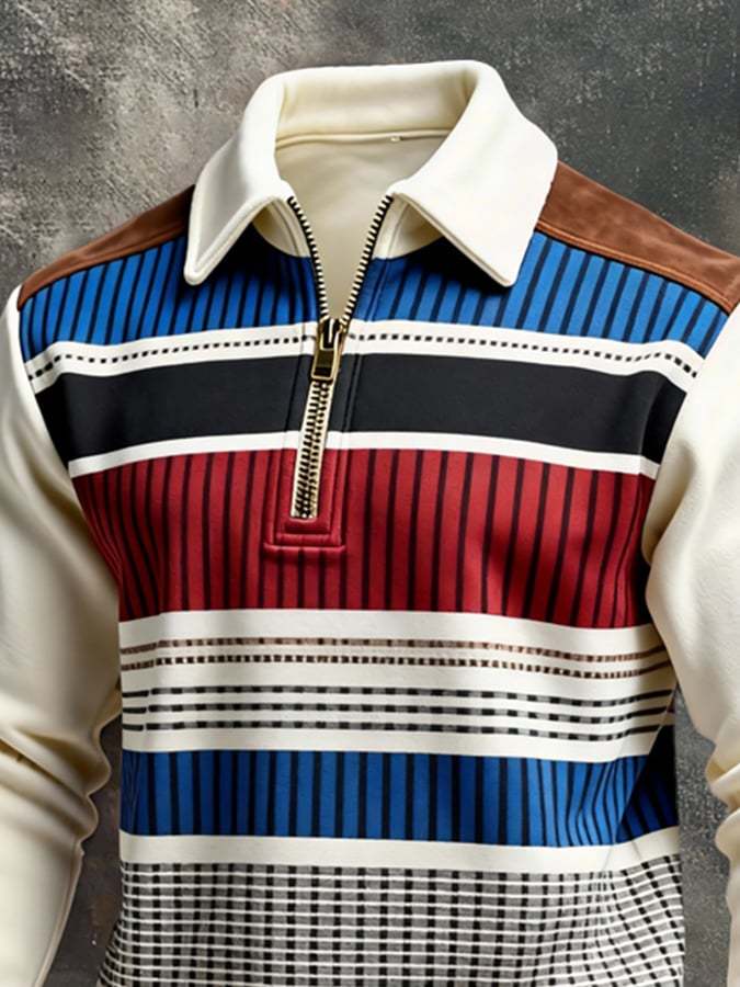 Men's Retro Color Block Print Color-Blocked Zip-Up Sweatshirt