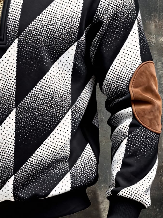 Men's Retro Color Block Print Zipper Sweatshirt
