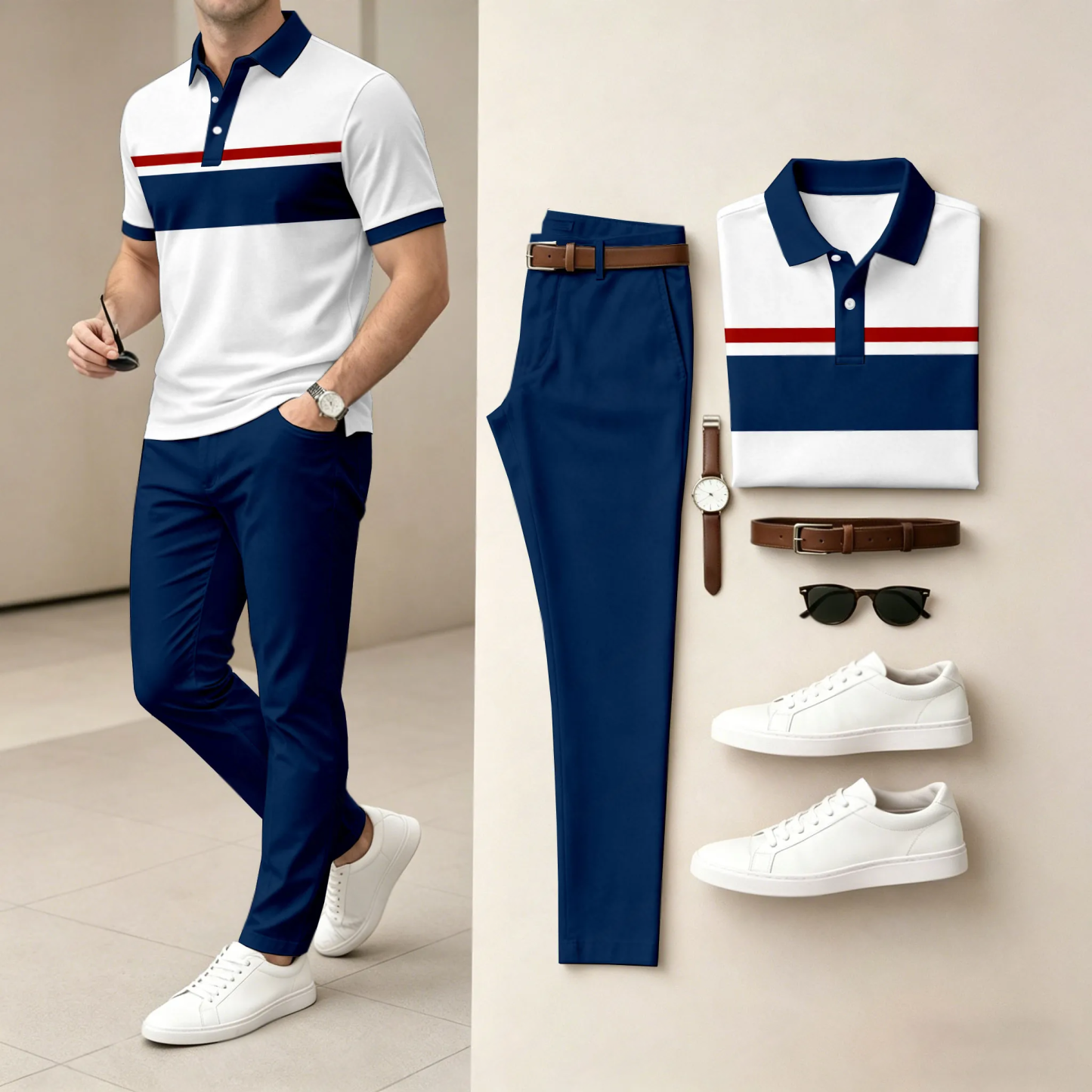 Men's Casual White Geometry Printed Polo Shirt And Pants Two-Piece Set