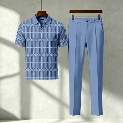 Men's Casual Blue Plaid Printed Polo Short-Sleeve T-Shirt And Pants Two-Piece Set