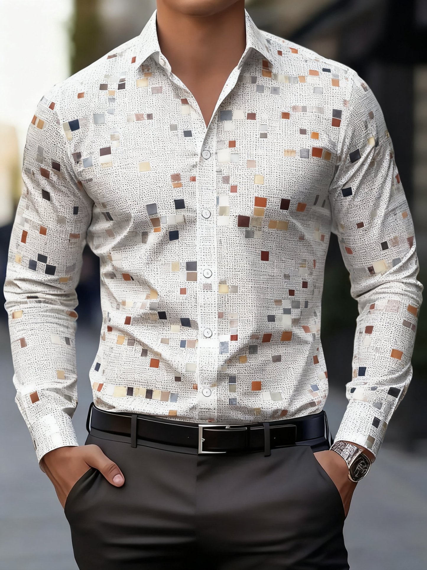 Men's Business Print Long Sleeve Shirt