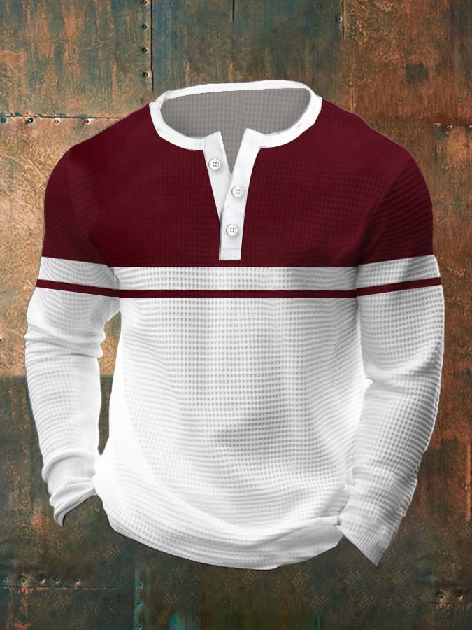 Men's Vintage Waffle Color Patch Henley Neck T-Shirt