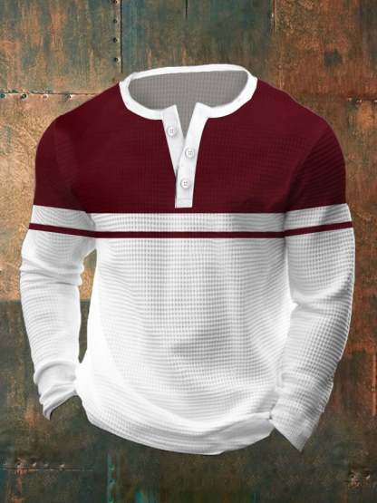 Men's Vintage Waffle Color Patch Henley Neck T-Shirt