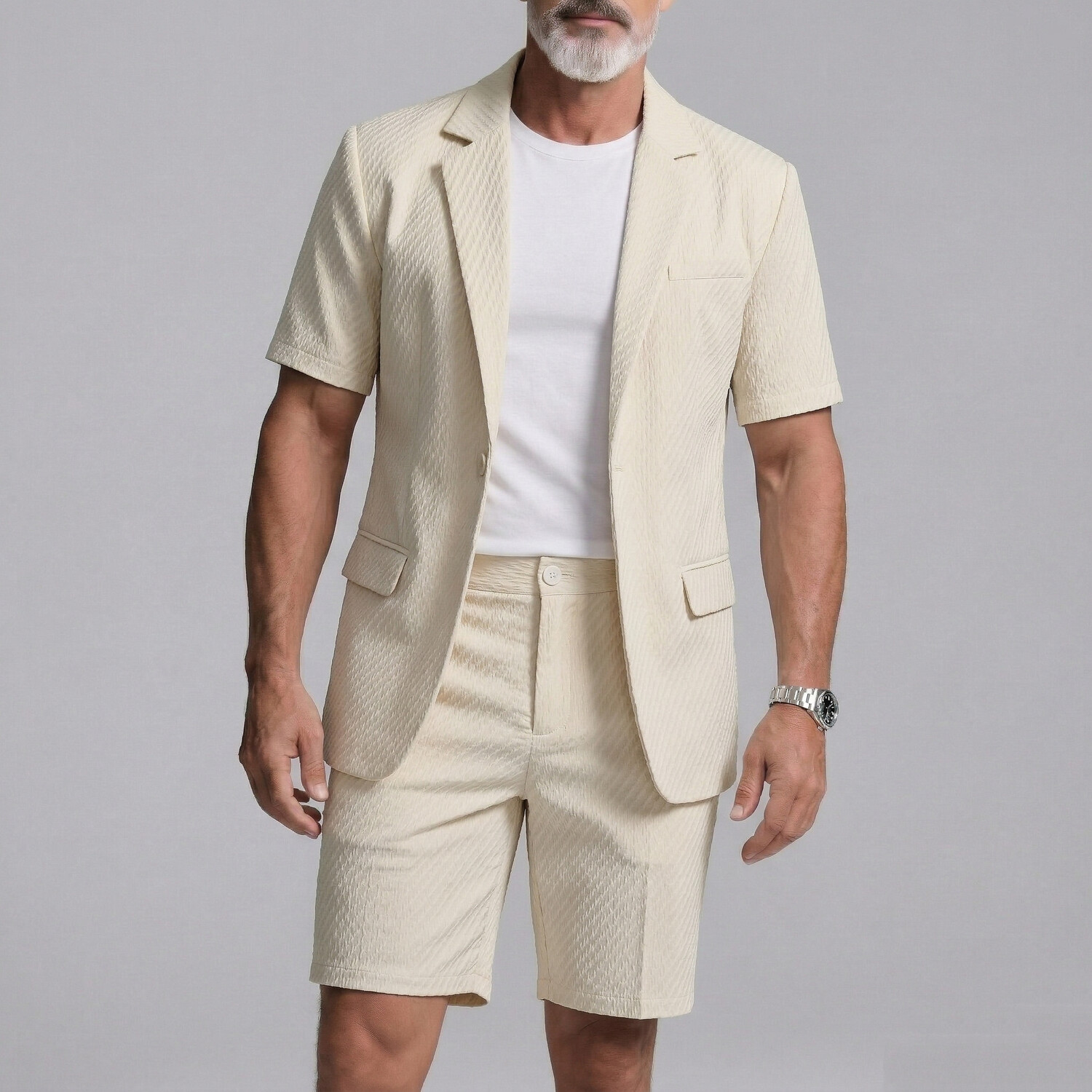 Men's Business Casual Plain Welt Pocket Notched Lapel Short Sleeve Blazer & Shorts 2Pcs Set