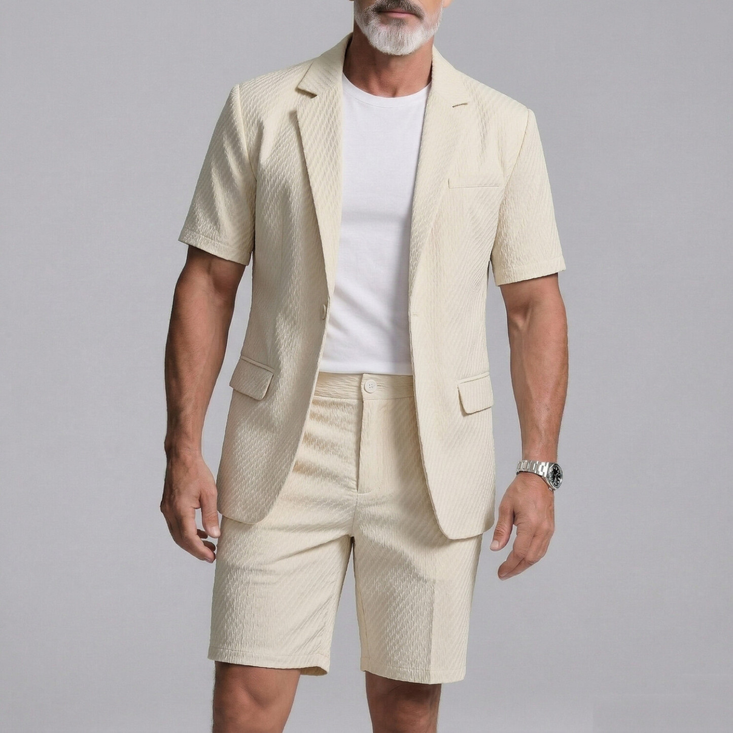 Men's Business Casual Plain Welt Pocket Notched Lapel Short Sleeve Blazer & Shorts 2Pcs Set