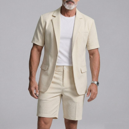Men's Business Casual Plain Welt Pocket Notched Lapel Short Sleeve Blazer & Shorts 2Pcs Set