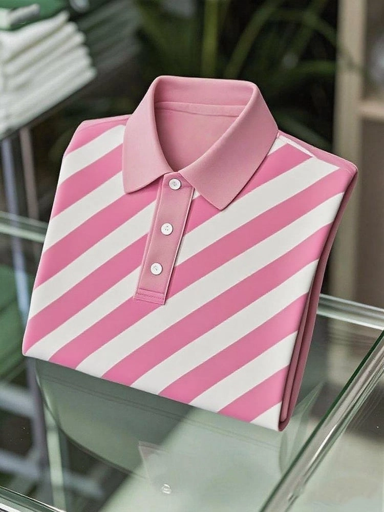 Men's Business Casual Striped Button Short Sleeve Polo Shirt