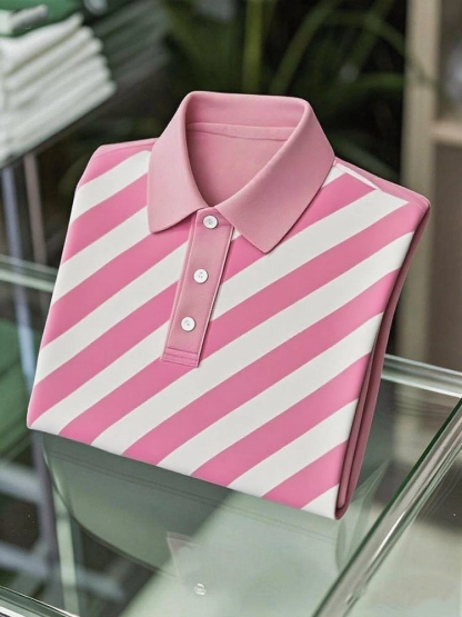 Men's Business Casual Striped Button Short Sleeve Polo Shirt