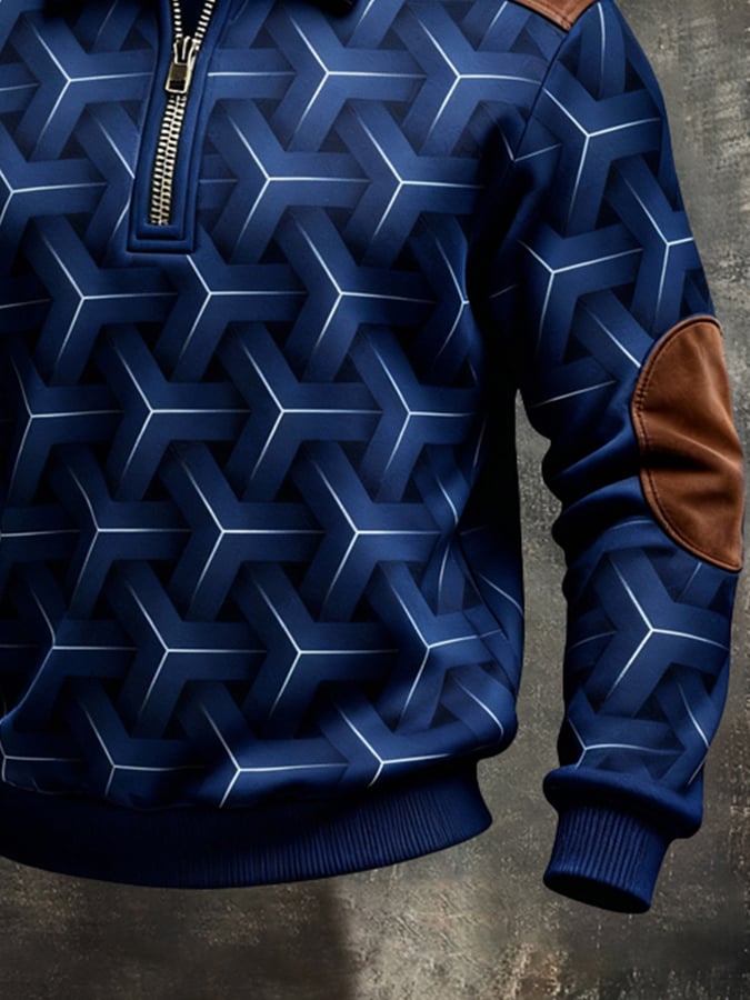 Men's Retro Color Block Print Color-Blocked Zip-Up Sweatshirt