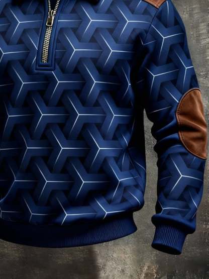 Men's Retro Color Block Print Color-Blocked Zip-Up Sweatshirt