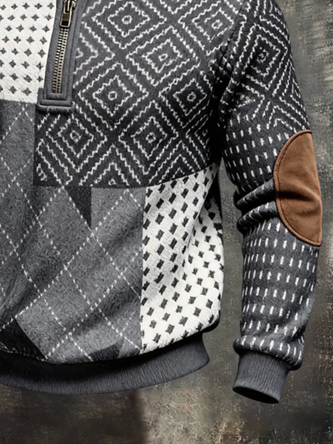 Men's Retro Color Block Print Color-Blocked Zip-Up Sweatshirt