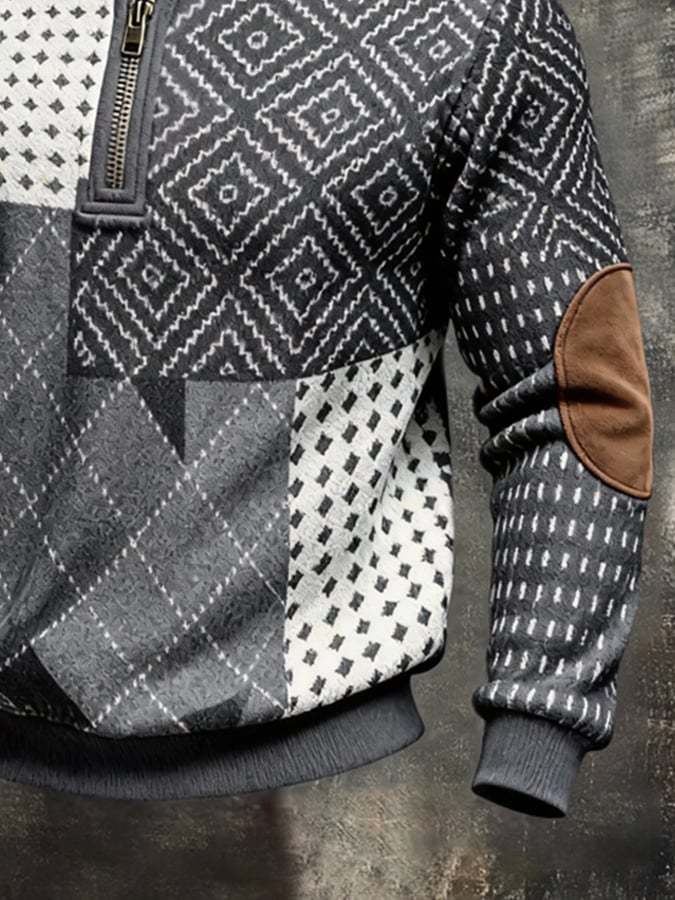 Men's Retro Color Block Print Color-Blocked Zip-Up Sweatshirt