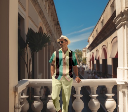 Men's retro colorblock short-sleeved shirt walking Suit 1699