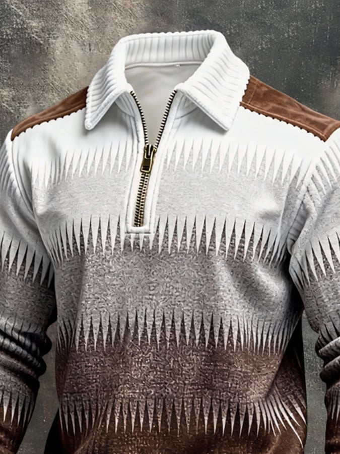 Men's Retro Color Block Print Color-Blocked Zip-Up Sweatshirt