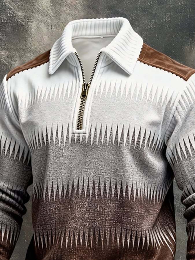 Men's Retro Color Block Print Color-Blocked Zip-Up Sweatshirt