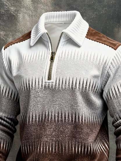 Men's Retro Color Block Print Color-Blocked Zip-Up Sweatshirt