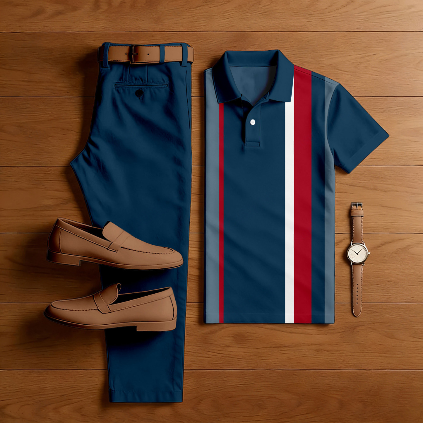 Men's Casual Peacock Blue & Red Color Matching Striped Printed Short Sleeved Polo Shirt & Trousers Two-Piece Set
