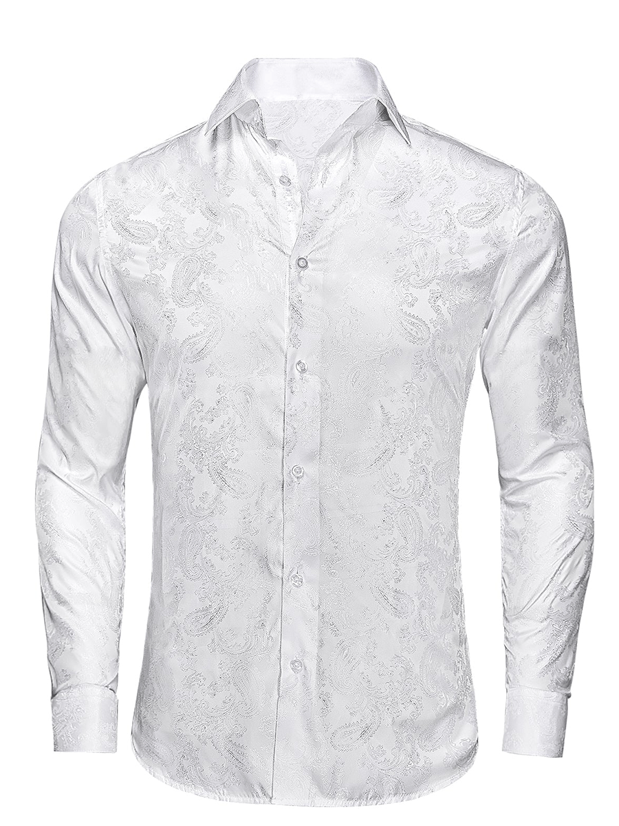 Men's Luxury White Jacquard Paisley Pattern Long Sleeve Shirt