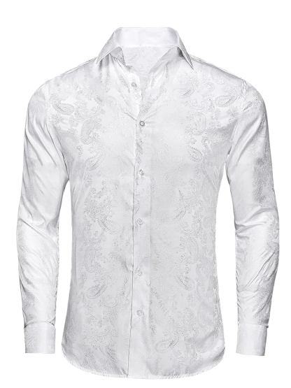 Men's Luxury White Jacquard Paisley Pattern Long Sleeve Shirt