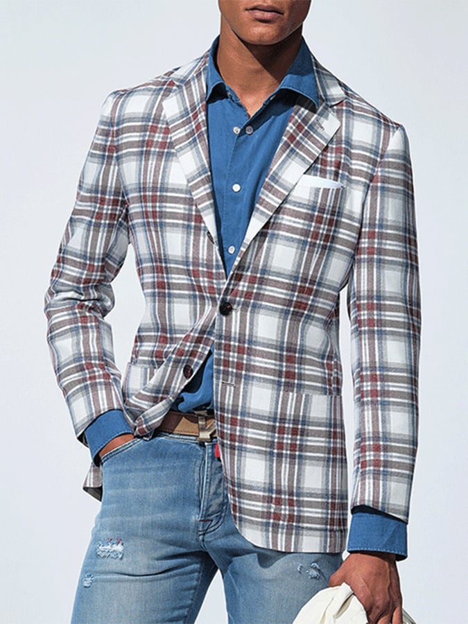 Men's Fashion Casual Two Button Large Pocket Plaid Blazer