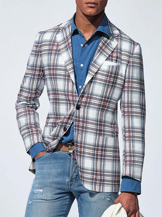 Men's Fashion Casual Two Button Large Pocket Plaid Blazer