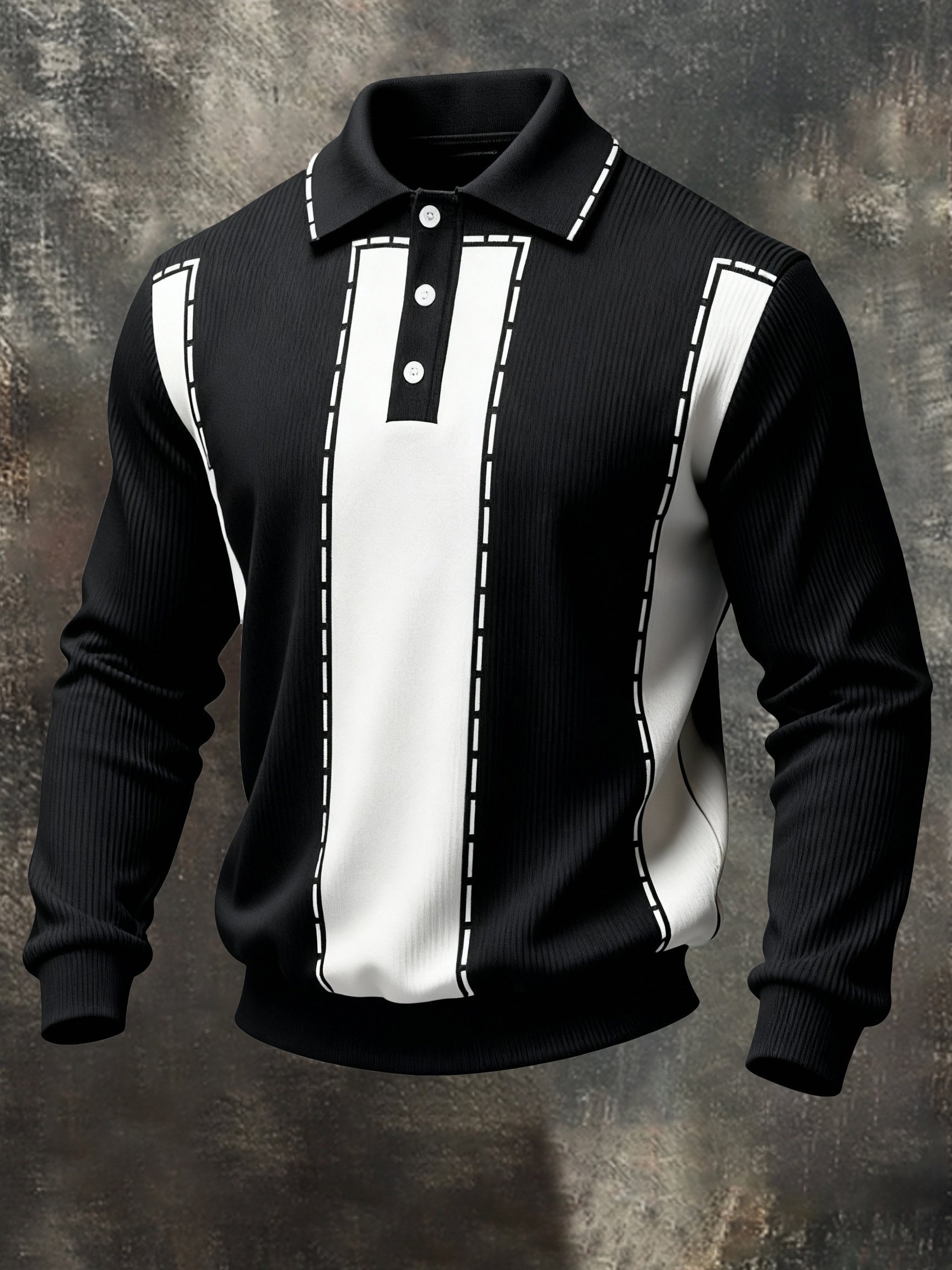 Men's Vintage-Style Color-Block Polo Collar Sweatshirt