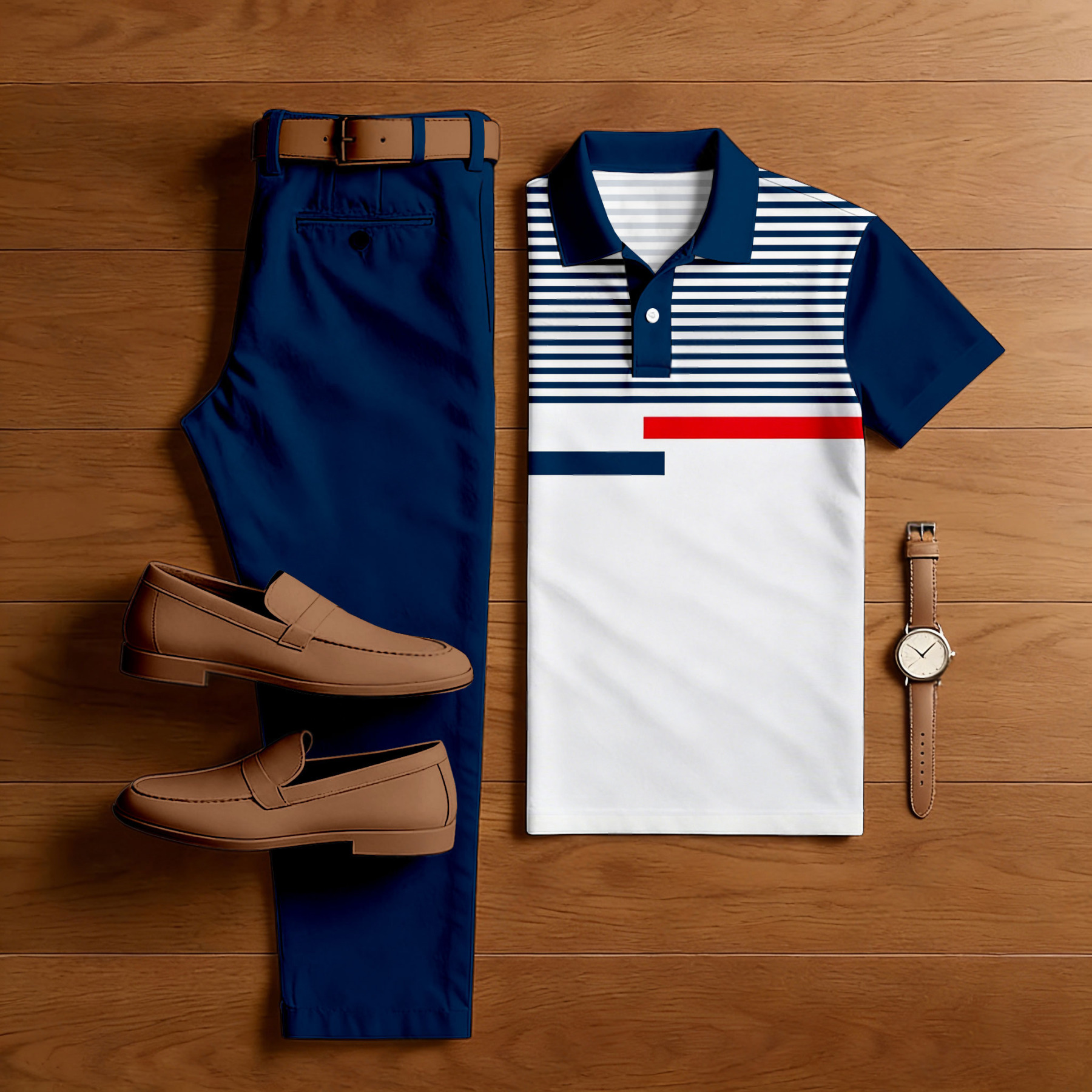 Men's Casual Dark Blue Geometric Printed Polo Shirt And Pants Two-Piece Set