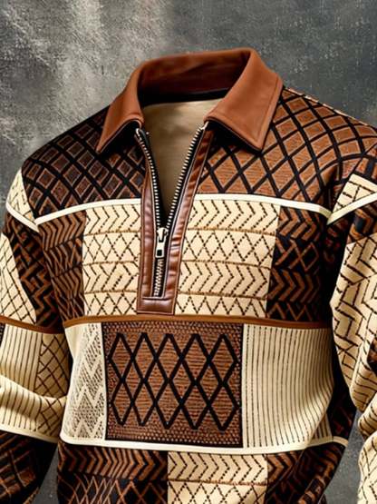 Men's Retro Color Block Print Color-Blocked Zip-Up Sweatshirt