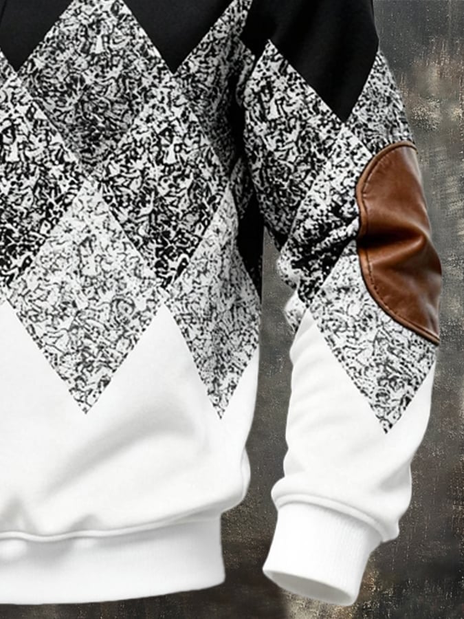 Men's Retro Color Block Print Fur Collar Sweatshirt