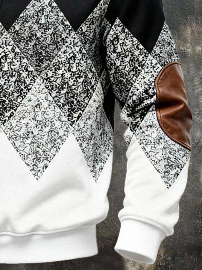 Men's Retro Color Block Print Fur Collar Sweatshirt