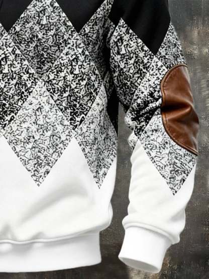 Men's Retro Color Block Print Fur Collar Sweatshirt