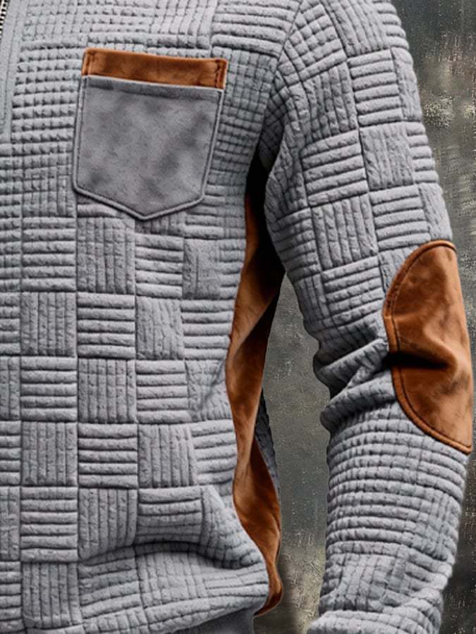 Men's Retro Jacquard Textured Patchwork Comfortable Color-Blocked Zip-Up Sweatshirt