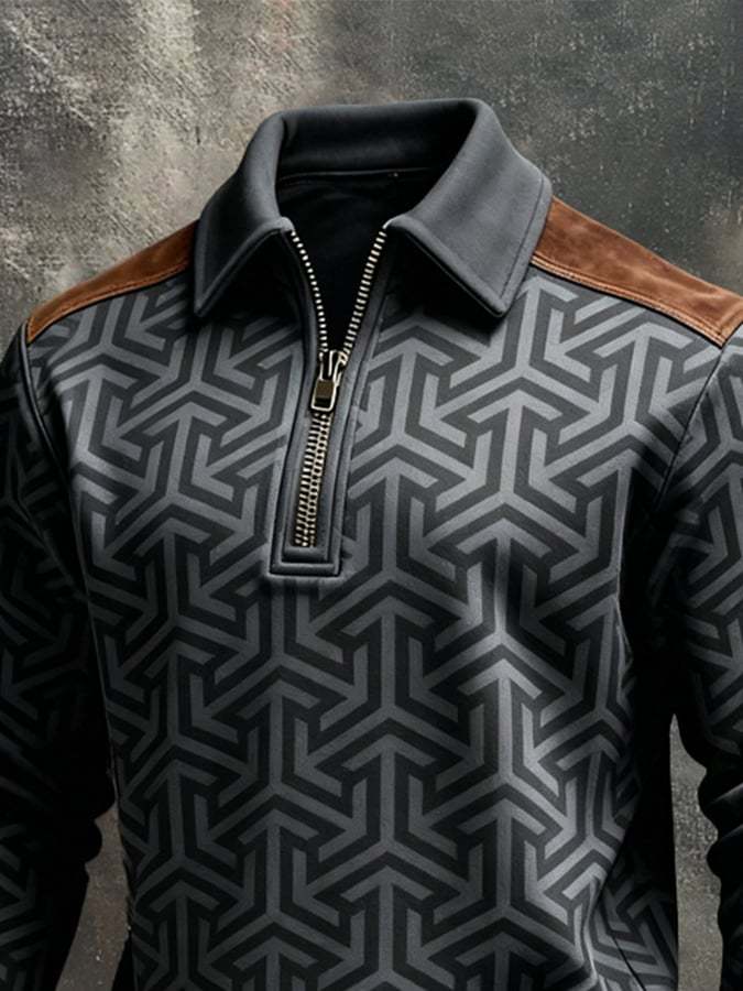 Men's Retro Color Block Print Color-Blocked Zip-Up Sweatshirt