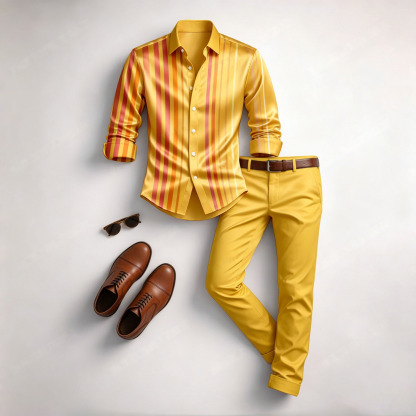 Men's Casual Golden Stripes Color Matching Geometric Printed Long Sleeved Shirt & Trousers Two-Piece Set