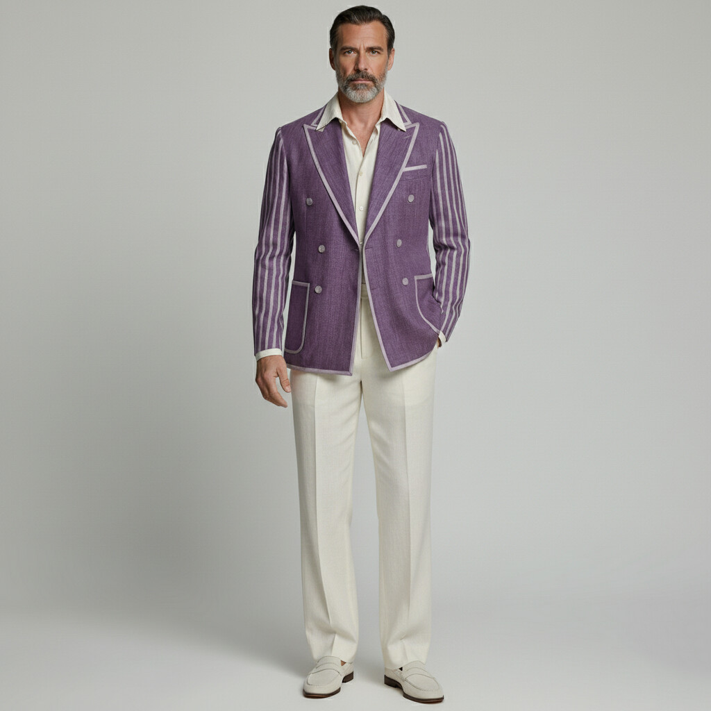 Men's Business Casual Purple Contrast Binding Peak Lapel Double Breasted Striped Long Sleeve Blazer