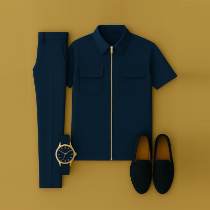 Men's Casual Navy Blue Short Sleeved Zipper Lapel Collar Shirt & Trousers Two-Piece Set